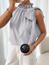 Load image into Gallery viewer, Women's Striped Sleeveless Top – Ruffle High Neck Lace Trim Tie-Knot Bow Blouse
