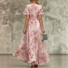 Load image into Gallery viewer, Women's Deep V-Neck Ruffle Sleeve Printed Maxi Dress – High Waist
