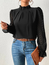 Load image into Gallery viewer, Women's Mock Neck Chiffon Blouse – Wave Pattern Sheer Long Sleeve with Ruffle Cuffs
