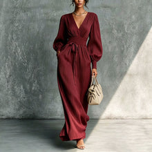 Load image into Gallery viewer, Women's Deep V-Neck Pleated Bishop Sleeve Smocked Waist Maxi Dress
