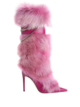 Load image into Gallery viewer, Pink Feather Pointed Toe Stiletto : Chain High Boots
