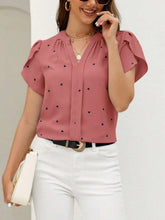Load image into Gallery viewer, Women's V-Neck Heart Print Blouse – Petal Sleeve Pleated Front Elegant Top
