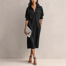 Load image into Gallery viewer, Women's Solid Color Pleated A-Line Midi Dress | Elegant Office Casual Shirt Collar Dress
