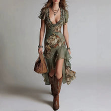 Load image into Gallery viewer, Women's Vintage Oil Painting Print Bubble Sleeve A-Line Midi Dress | Ruffle Irregular Hem Dress
