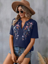 Load image into Gallery viewer, Women's Floral Embroidered Notched V-Neck T-Shirt – Short Sleeve Boho Lace Trim Top
