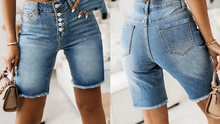 Load image into Gallery viewer, Women’s Cotton Denim Shorts – Mid-Length Frayed Hem Distressed
