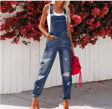 Load image into Gallery viewer, Women's Cropped Ripped Denim Overalls – Streetwear Strap Bib Jeans
