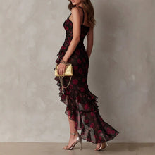 Load image into Gallery viewer, Women's Floral Print Strap Ruffle Hem A-Line Midi Dress — High-Waist Sundress
