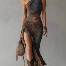 Load image into Gallery viewer, Retro Patchwork Print Asymmetric Slip Dress – High-Waist High-Slit Boho Maxi Dress

