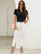 Load image into Gallery viewer, Women's V-Neck Heart Print Blouse – Petal Sleeve Pleated Front Elegant Top
