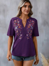 Load image into Gallery viewer, Women's Floral Embroidered Notched V-Neck T-Shirt – Short Sleeve Boho Lace Trim Top
