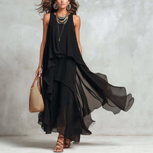 Load image into Gallery viewer, Black Asymmetrical Chiffon Maxi Dress – Flowy Sleeveless Boho A-Line Long Dress for Women
