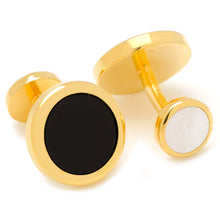 Load image into Gallery viewer, Double Sided Gold Onyx Round Beveled Cufflinks
