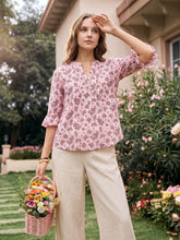 Load image into Gallery viewer, Linen Paisley Pintucked Ruffle-Cuff Curved Hem Blouse ILARIA
