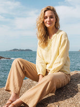 Load image into Gallery viewer, 100% Linen Lace-Up Shirred Lantern Sleeve Blouse DOROTHEA
