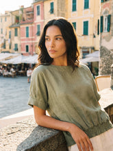 Load image into Gallery viewer, 100% Linen Drop Shoulder Split-Back Double Shirred Hem Top LINDSEY
