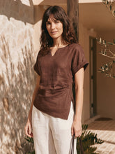 Load image into Gallery viewer, 100% Linen Asymmetric Hem Side Gathered Split-Neck Top MINERVA
