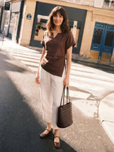 Load image into Gallery viewer, 100% Linen Asymmetric Hem Side Gathered Split-Neck Top MINERVA
