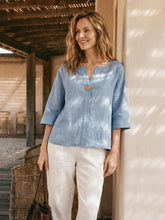 Load image into Gallery viewer, 100% Linen Drop Shoulder V-Neck Statement Button Top LISARA

