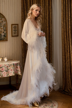 Load image into Gallery viewer, Luxury Ostrich Feather Satin Bridal Robe – White/Ivory Train, Holiday Photoshoot Gift
