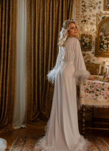 Load image into Gallery viewer, Luxury Ostrich Feather Satin Bridal Robe – White/Ivory Train, Holiday Photoshoot Gift
