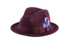 Load image into Gallery viewer, Ferrecci Brooks Soft 100% Australian Wool Felt Body with Removable Feather Fully Crushable burgundy hat Great for Travel
