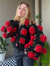 Load image into Gallery viewer, Black Rose Floral Handcraft Oversized Knit Cardigan | NCS
