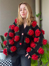 Load image into Gallery viewer, Black Rose Floral Handcraft Oversized Knit Cardigan | NCS
