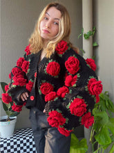 Load image into Gallery viewer, Black Rose Floral Handcraft Oversized Knit Cardigan | NCS
