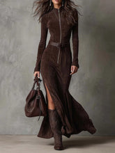 Load image into Gallery viewer, Women's Suede Velvet Zip-Front Fishtail Maxi Dress – Long Sleeve High Waist Mermaid Hem
