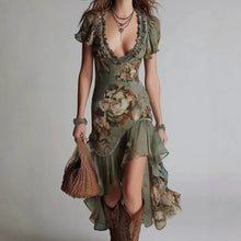 Load image into Gallery viewer, Women's Vintage Oil Painting Print Bubble Sleeve A-Line Midi Dress | Ruffle Irregular Hem Dress
