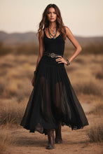 Load image into Gallery viewer, Black Mesh Strap Maxi Dress – V-Neck Pleated Long Dress
