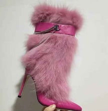 Load image into Gallery viewer, Pink Feather Pointed Toe Stiletto : Chain High Boots

