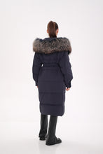 Load image into Gallery viewer, Rei Genuine Fur Trim Hooded Down Coat in Navy
