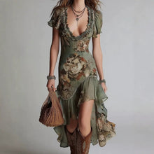 Load image into Gallery viewer, Women's Vintage Oil Painting Print Bubble Sleeve A-Line Midi Dress | Ruffle Irregular Hem Dress
