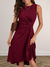 Load image into Gallery viewer, Women's Solid Color Twist Knot Sleeveless Midi Dress – Round Neck Side Ruched Asymmetric Hem
