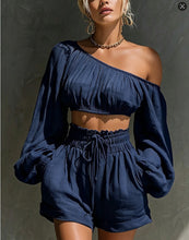 Load image into Gallery viewer, Women's One-Shoulder Ruched Crop Top &amp; High-Waist Shorts Set
