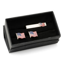 Load image into Gallery viewer, American Waving Flag Cufflinks and Tie Bar Gift Set
