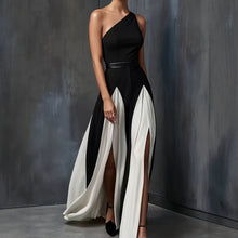 Load image into Gallery viewer, Black &amp; White Single Shoulder Maxi Dress – Color Block Split Strap Long Dress
