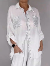 Load image into Gallery viewer, Women's Sequin Pocket Button-Up Shirt &amp; Wide-Leg Pants Set
