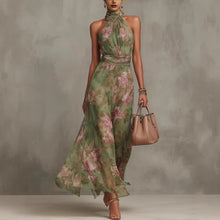 Load image into Gallery viewer, Green Graffiti Print Mesh Suspender Maxi Dress – High-Waist Irregular Slit Streetwear Dress
