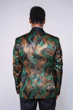 Load image into Gallery viewer, Gold-Green Patterned Over Black Men Stage Performers Jacket - Wessi
