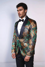Load image into Gallery viewer, Gold-Green Patterned Over Black Men Stage Performers Jacket - Wessi

