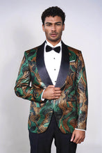Load image into Gallery viewer, Gold-Green Patterned Over Black Men Stage Performers Jacket - Wessi
