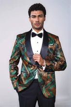 Load image into Gallery viewer, Gold-Green Patterned Over Black Men Stage Performers Jacket - Wessi
