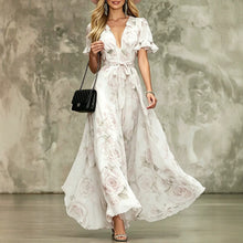 Load image into Gallery viewer, Women's Deep V-Neck Ruffle Sleeve Printed Maxi Dress – High Waist
