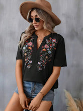 Load image into Gallery viewer, Women's Floral Embroidered Notched V-Neck T-Shirt – Short Sleeve Boho Lace Trim Top
