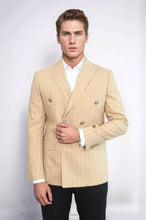 Load image into Gallery viewer, Double Breasted Slim Fit Striped Cream Men Blazer - Wessi
