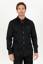 Load image into Gallery viewer, Men’s Single Pocket Logo Modern Fit Stretch Dress Shirt - Black
