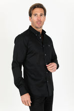 Load image into Gallery viewer, Men’s Single Pocket Logo Modern Fit Stretch Dress Shirt - Black
